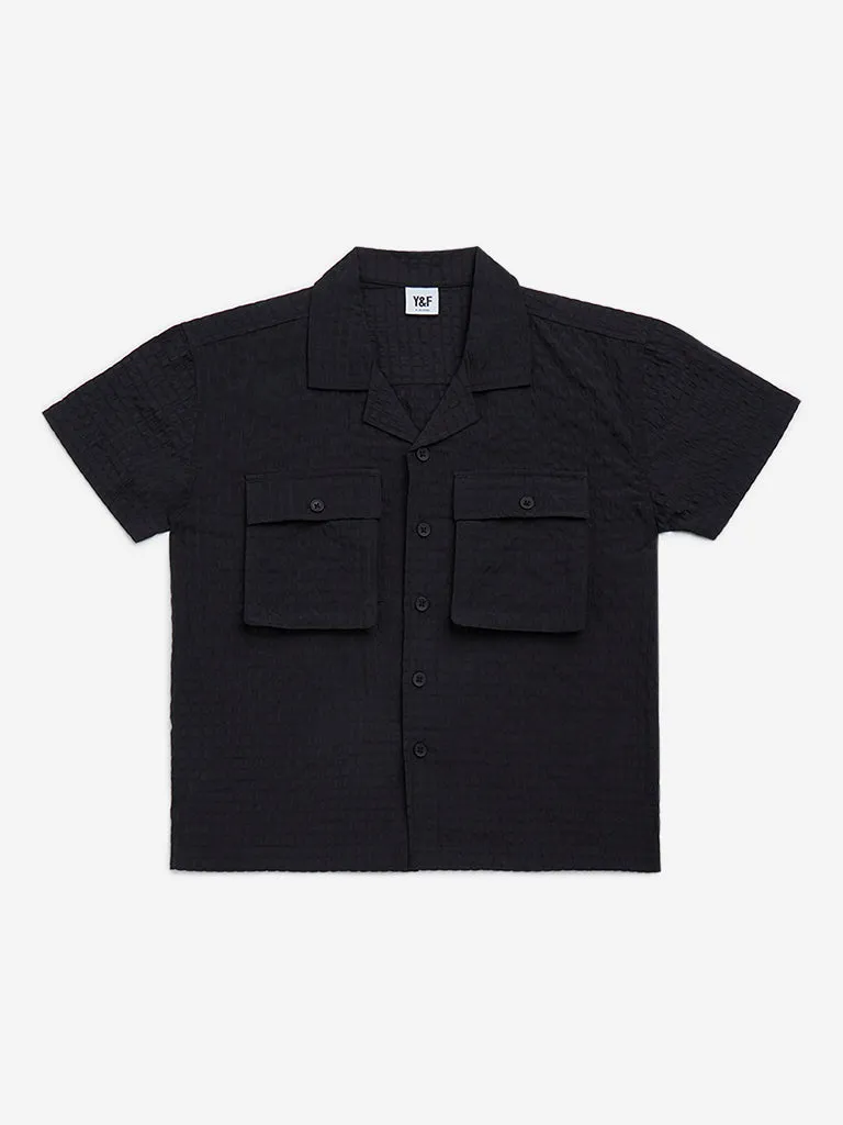 Y&F Kids Black Textured Resort-Fit Shirt