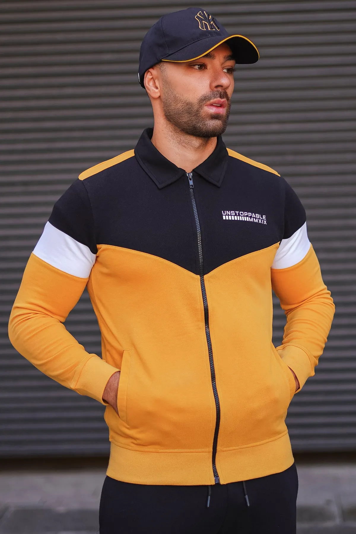 Yellow Contrast Panelled Zipper Jacket - W23 - MJ0017R